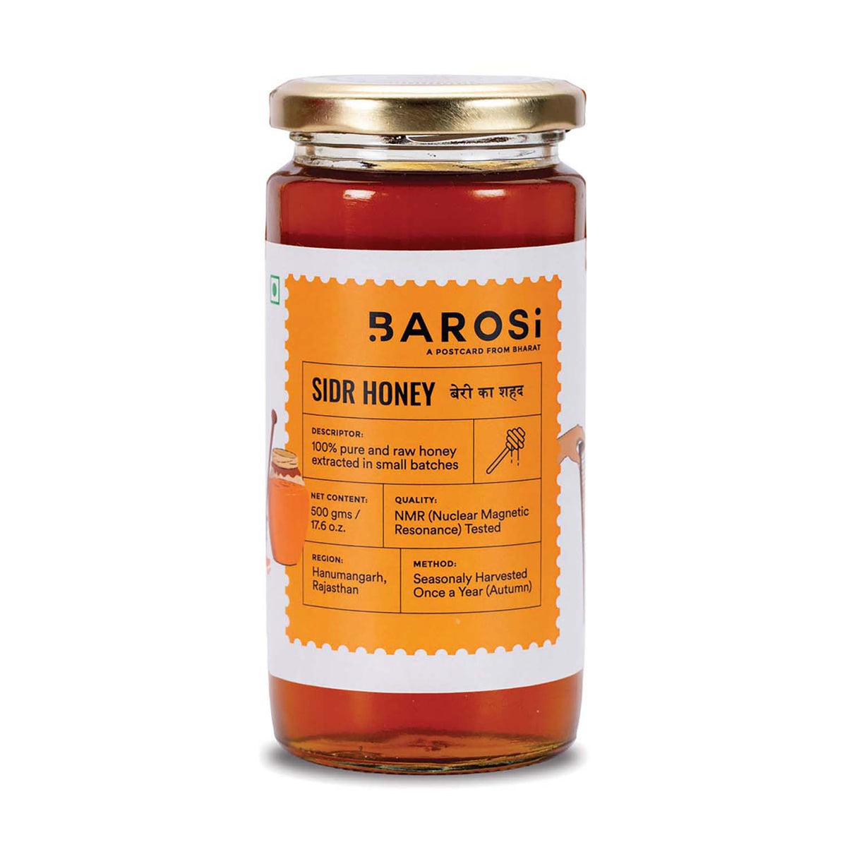 Barosi Sidr Honey 500 gm, Pure, Raw and Unprocessed Wild Berry Honey, Natural Superfood, Sustainable Glass Packaging