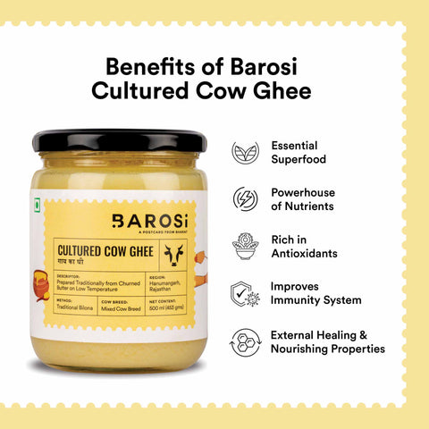 Barosi Cultured Cow Ghee 500 ml, Pure & Authentic Superfood, Bilona method, Sustainable Glass Packaging