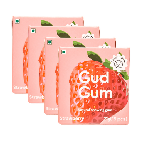 Mix Of 4 Gud Gum- Natural, Plastic Free Chewing Gum- Raspberry, Lemon, Charcoal Mint, Strawberry- 21g x 4 - Mini Pack of 4- No added artificial colours, flavours & sweeteners…