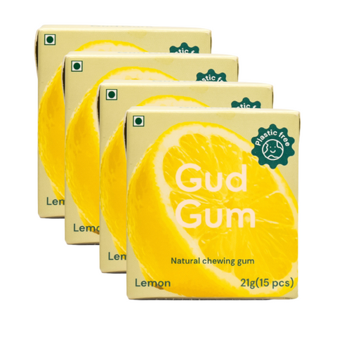 Mix Of 4 Gud Gum- Natural, Plastic Free Chewing Gum- Raspberry, Lemon, Charcoal Mint, Strawberry- 21g x 4 - Mini Pack of 4- No added artificial colours, flavours & sweeteners…