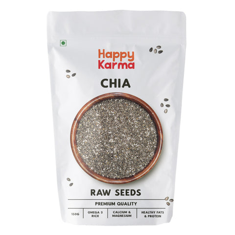 Happy Karma Chia Seeds 150g | Raw Chia Seeds for Eating | Diet Food and Healthy Snacks | Rich in Omega 3 | Weight loss.