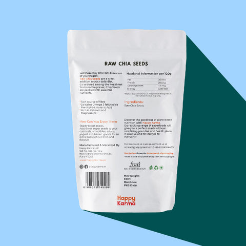 Happy Karma Chia Seeds 150g | Raw Chia Seeds for Eating | Diet Food and Healthy Snacks | Rich in Omega 3 | Weight loss.